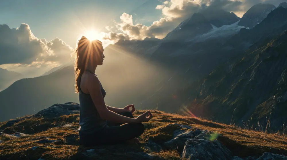 Kobieta medytująca na górze o wschodzie słońca, światło słoneczne przebijające się przez chmury i góry w tle.